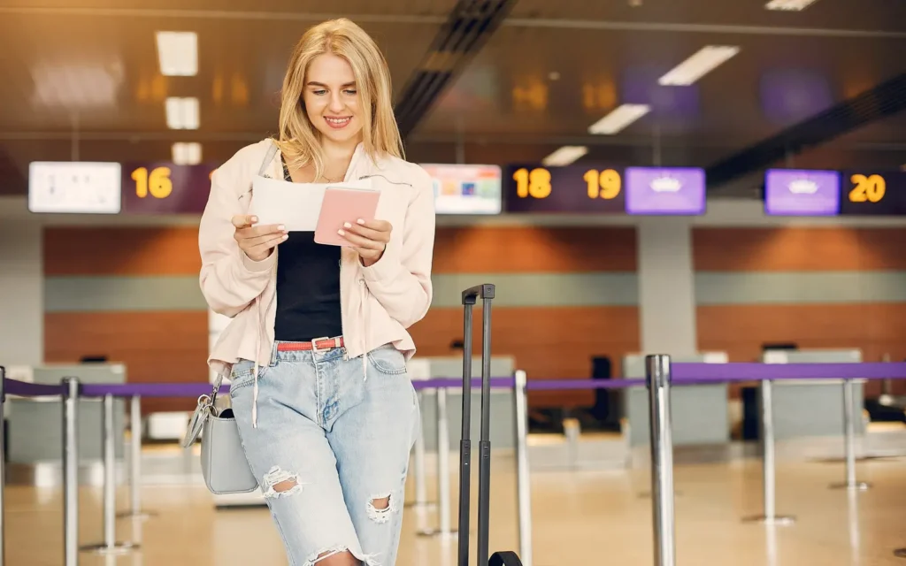 Mujer sosteniendo un pasaporte y un billete, sonriendo en el área de facturación del aeropuerto